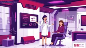 رسم توضيحي يظهر طبيباً يشرح طريقة زرع شعر الحواجب لمريض داخل عيادة طبية حديثة ومجهزة 