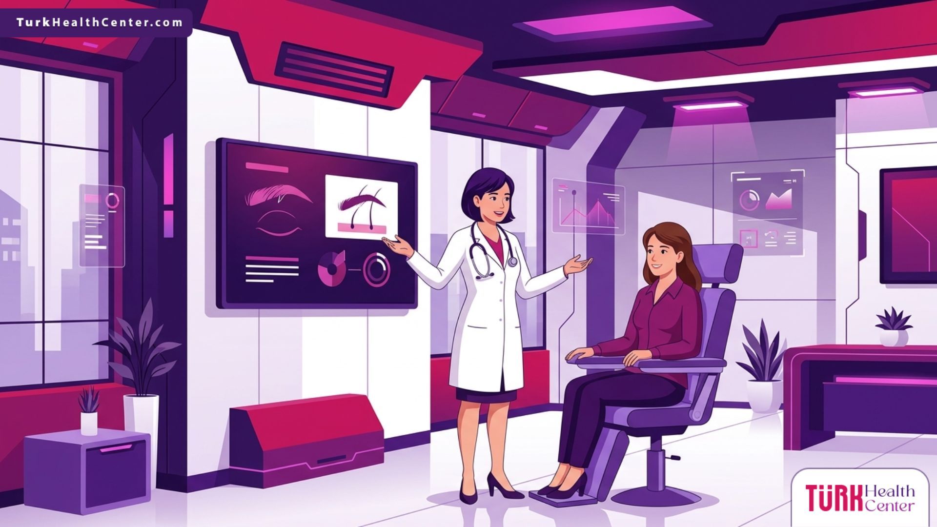 رسم توضيحي يظهر طبيباً يشرح طريقة زرع شعر الحواجب لمريض داخل عيادة طبية حديثة ومجهزة 
