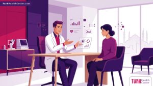 رسم توضيحي عصري لطبيب يشرح خيارات علاج الجلوكوما في تركيا لمريض داخل عيادة فخمة ومجهزة 