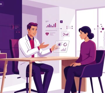 رسم توضيحي عصري لطبيب يشرح خيارات علاج الجلوكوما في تركيا لمريض داخل عيادة فخمة ومجهزة 