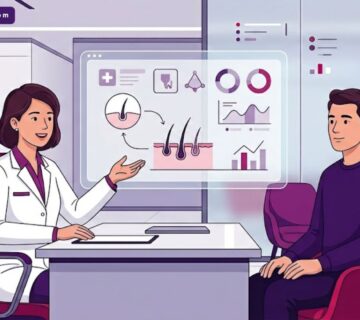 رسوم توضيحية لعيادة طبية حديثة تشرح تقنية زراعة الشعر بالروبوت ارتاس ARTAS بشكل احترافي 