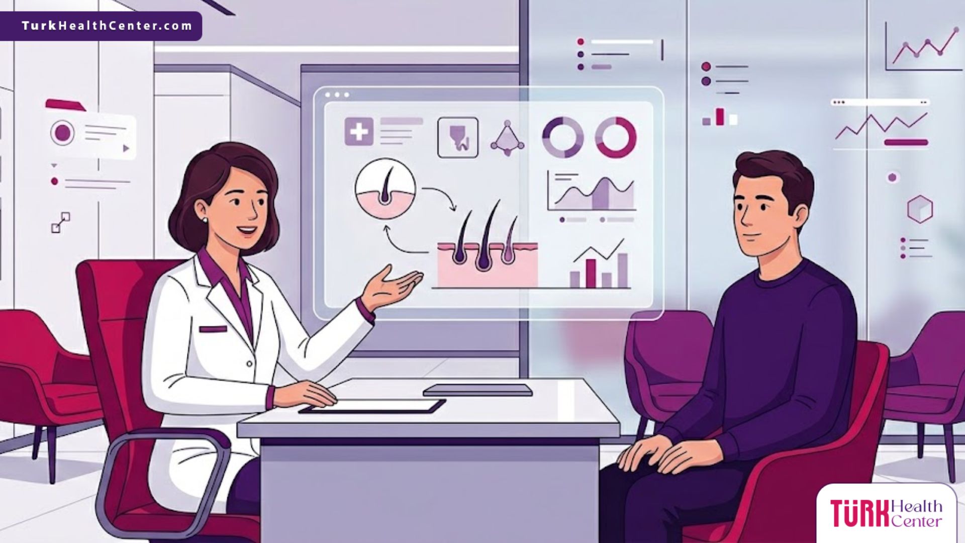 رسوم توضيحية لعيادة طبية حديثة تشرح تقنية زراعة الشعر بالروبوت ارتاس ARTAS بشكل احترافي 