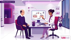 رسم توضيحي يوضح طبيب يشرح عملية زراعة الشعر بالاقتطاف FUE لمريض في عيادة حديثة 