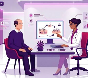 رسم توضيحي يوضح طبيب يشرح عملية زراعة الشعر بالاقتطاف FUE لمريض في عيادة حديثة 