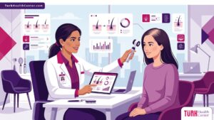 رسم توضيحي يظهر طبيبة تشرح خطوات زراعة الشعر للسيدات داخل عيادة عصرية فاخرة 