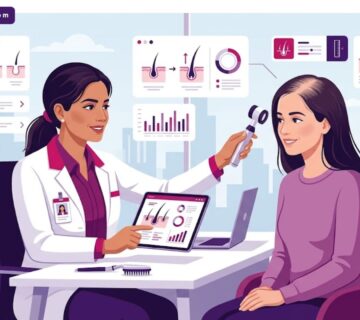 رسم توضيحي يظهر طبيبة تشرح خطوات زراعة الشعر للسيدات داخل عيادة عصرية فاخرة 