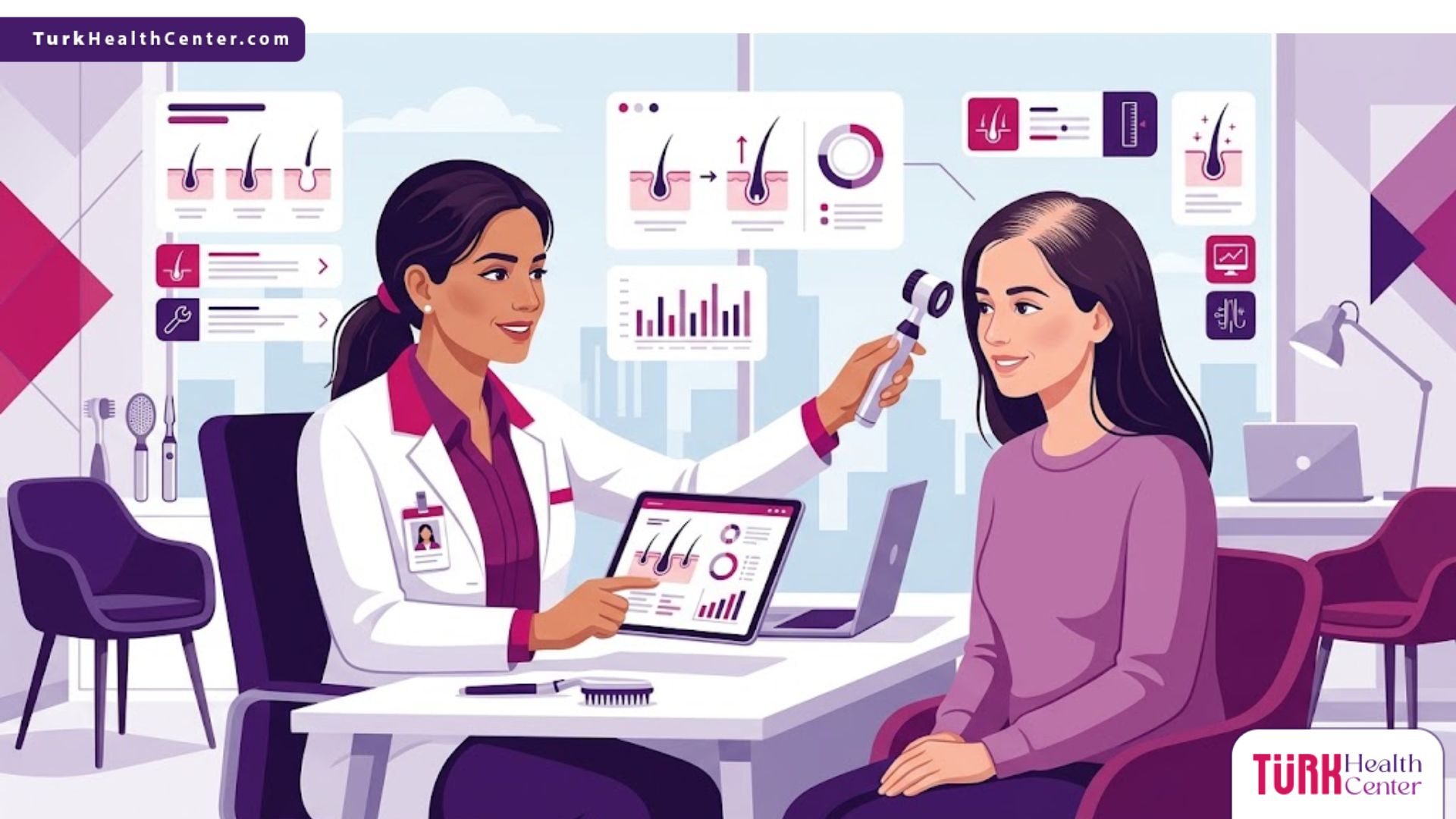 رسم توضيحي يظهر طبيبة تشرح خطوات زراعة الشعر للسيدات داخل عيادة عصرية فاخرة 