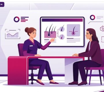 رسوم توضيحية لعيادة حديثة تشرح تقنية زراعة الشعر بدون حلاقة بأسلوب فني راقٍ 