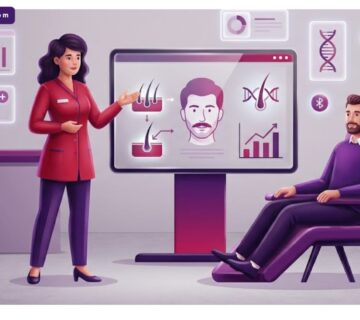 رسوم توضيحية عصرية لطبيب يشرح عملية زراعة الشنب لمريض داخل عيادة فاخرة بألوان البنفسجي والمجنتيا 
