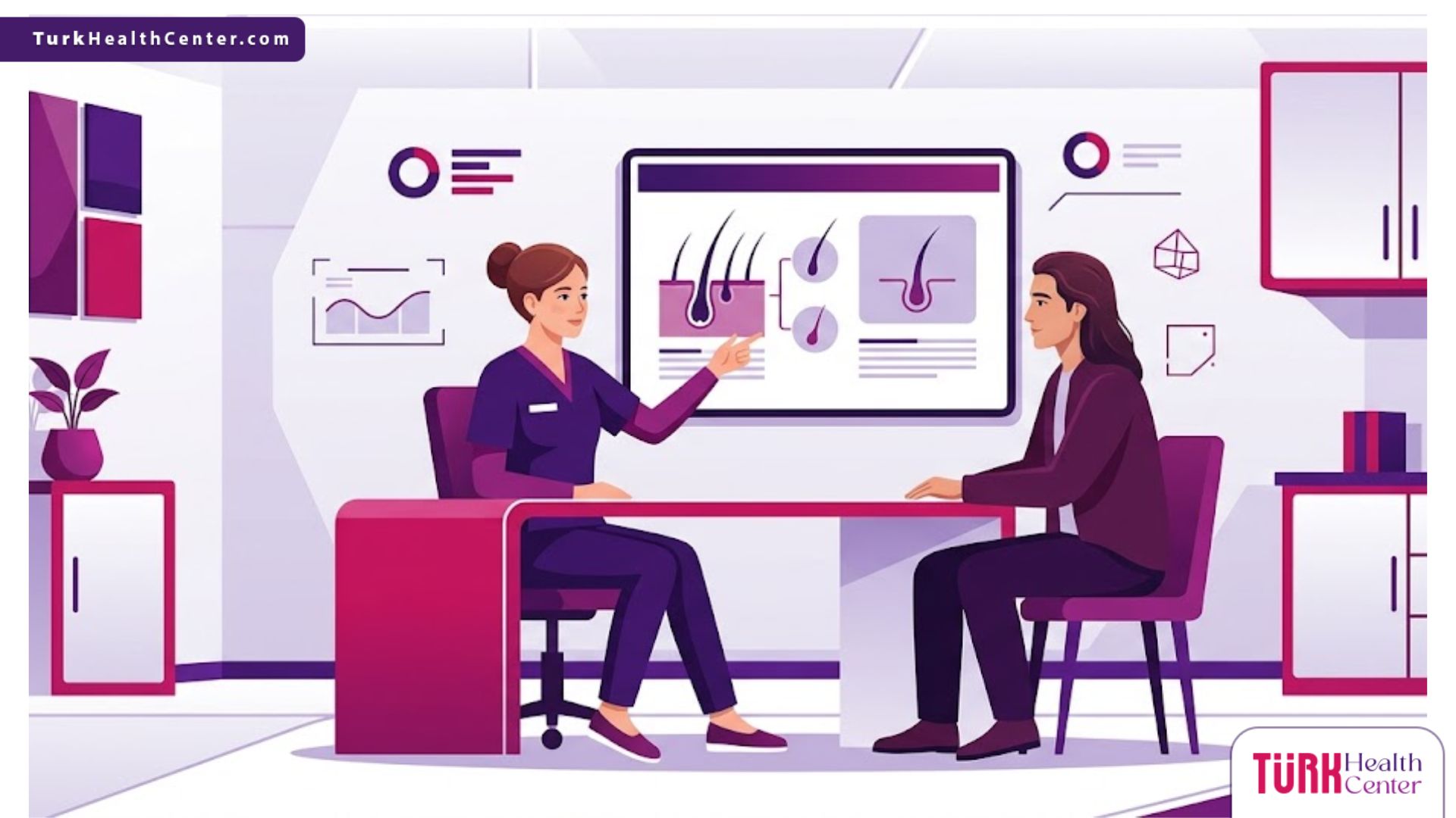 رسوم توضيحية لعيادة حديثة تشرح تقنية زراعة الشعر بدون حلاقة بأسلوب فني راقٍ 