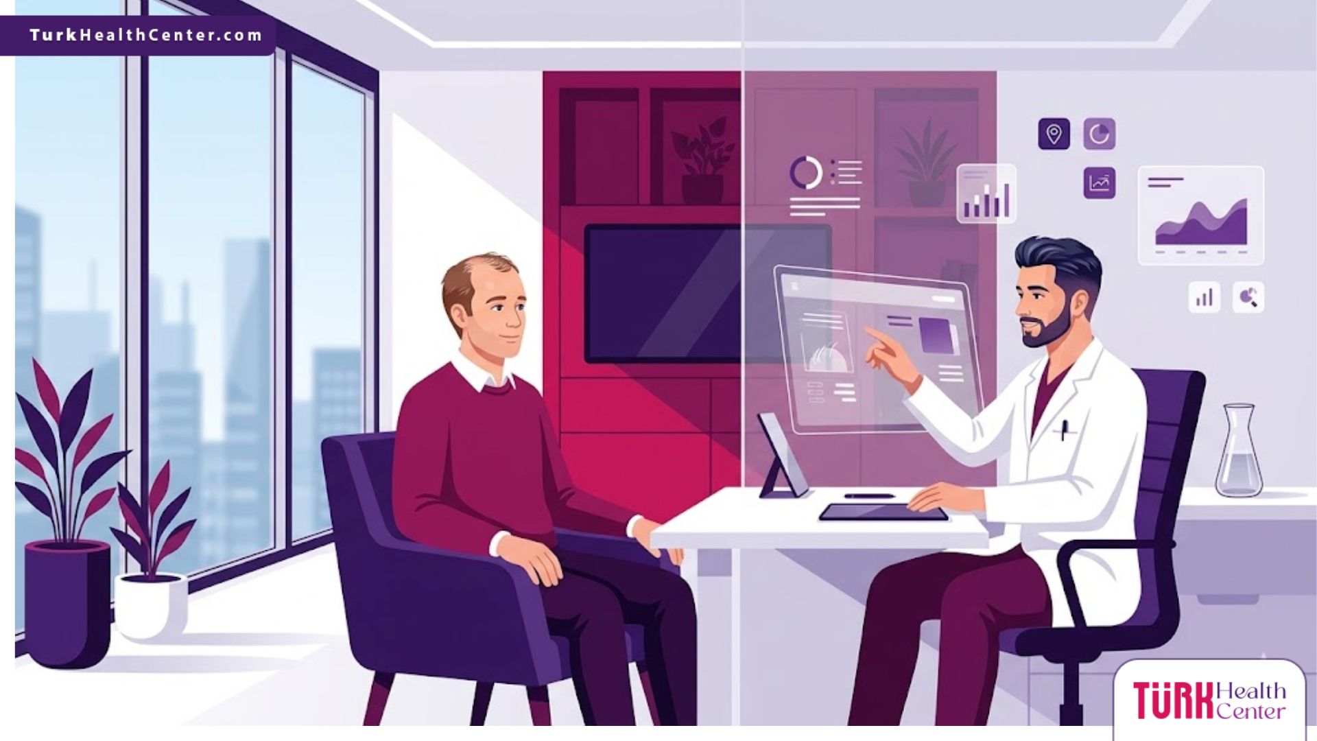 توضيح لعملية استشارة طبية حول زراعة الشعر لمرضى السكر والثعلبة في عيادة حديثة 