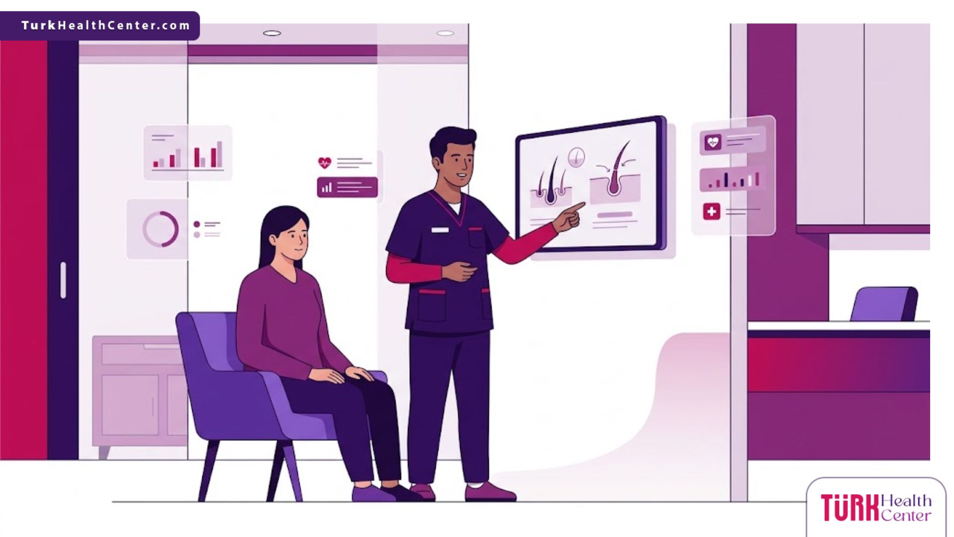 رسم توضيحي عصري يظهر طبيب يشرح عملية زراعة الشعر بتقنية البيركوتان للمريض في عيادة فاخرة 