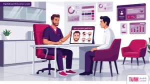 رسم توضيحي عصري يظهر طبيباً يشرح خطوات زراعة شعر الذقن في تركيا لمريض داخل عيادة فاخرة 