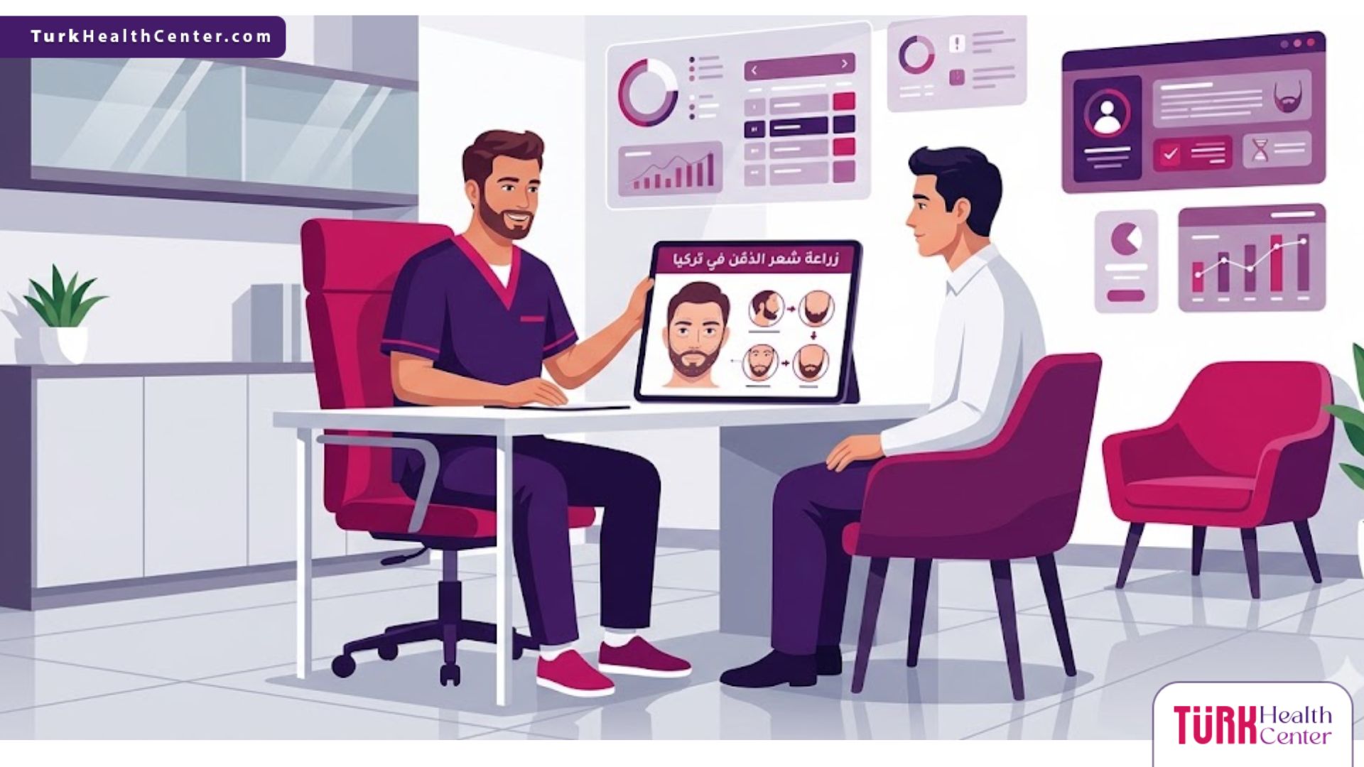 رسم توضيحي عصري يظهر طبيباً يشرح خطوات زراعة شعر الذقن في تركيا لمريض داخل عيادة فاخرة 