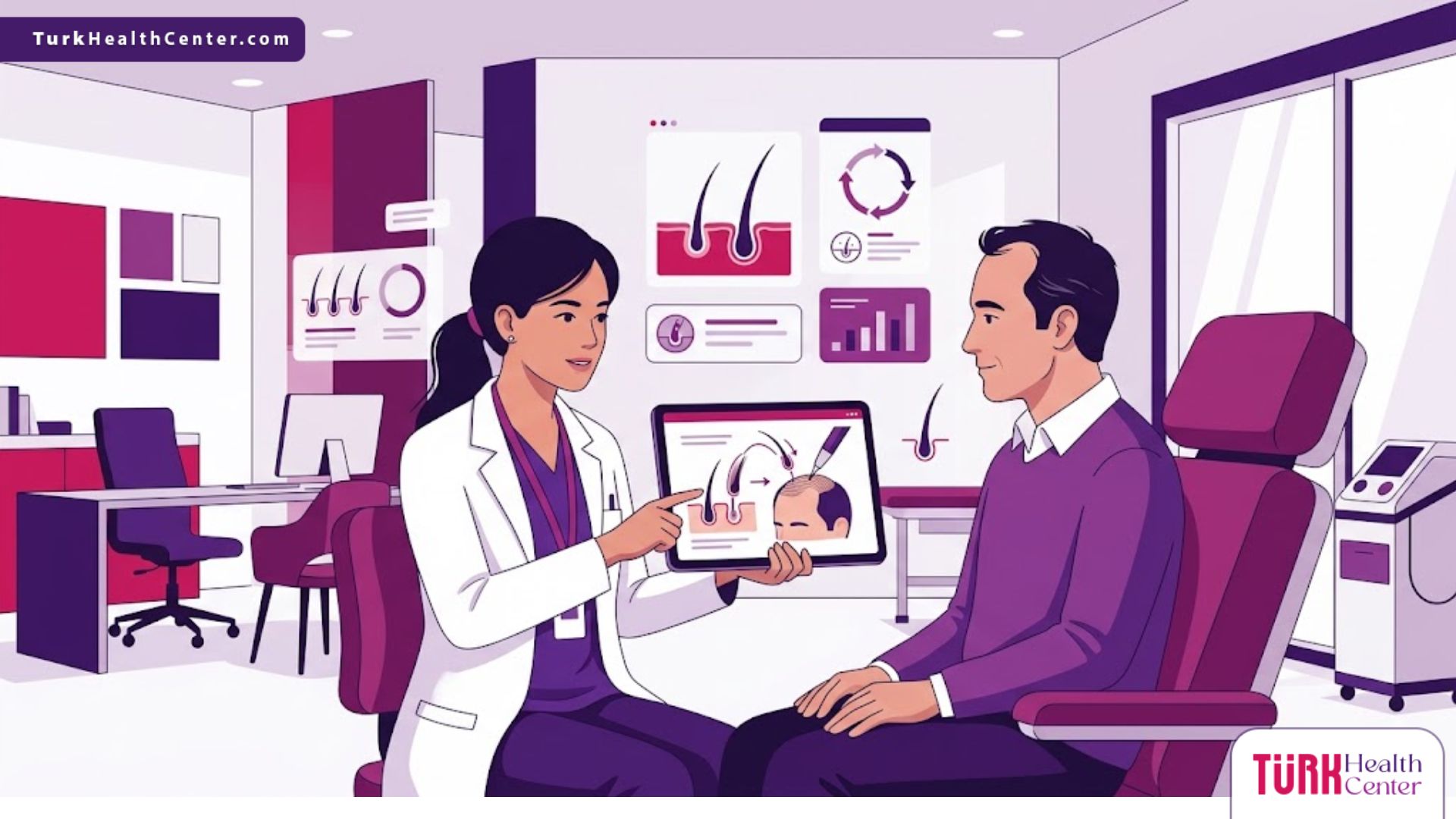 رسم توضيحي يظهر طبيب يشرح خطوات زراعة الشعر بطريقة DHI لمريض داخل عيادة حديثة وفخمة 