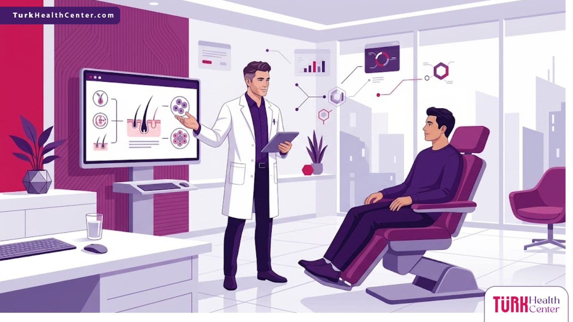 رسم توضيحي عصري لعيادة طبية فاخرة يظهر فيها طبيب يشرح عملية زراعة الشعر بتقنية الخلايا الجذعية لمريض في بيئة هادئة 