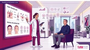 رسوم توضيحية لعيادة طبية تشرح كيف أن زراعة الشعر تجعل الرجال الصلع أكثر جاذبية وأصغر سناً بتنسيق ألوان فاخر 