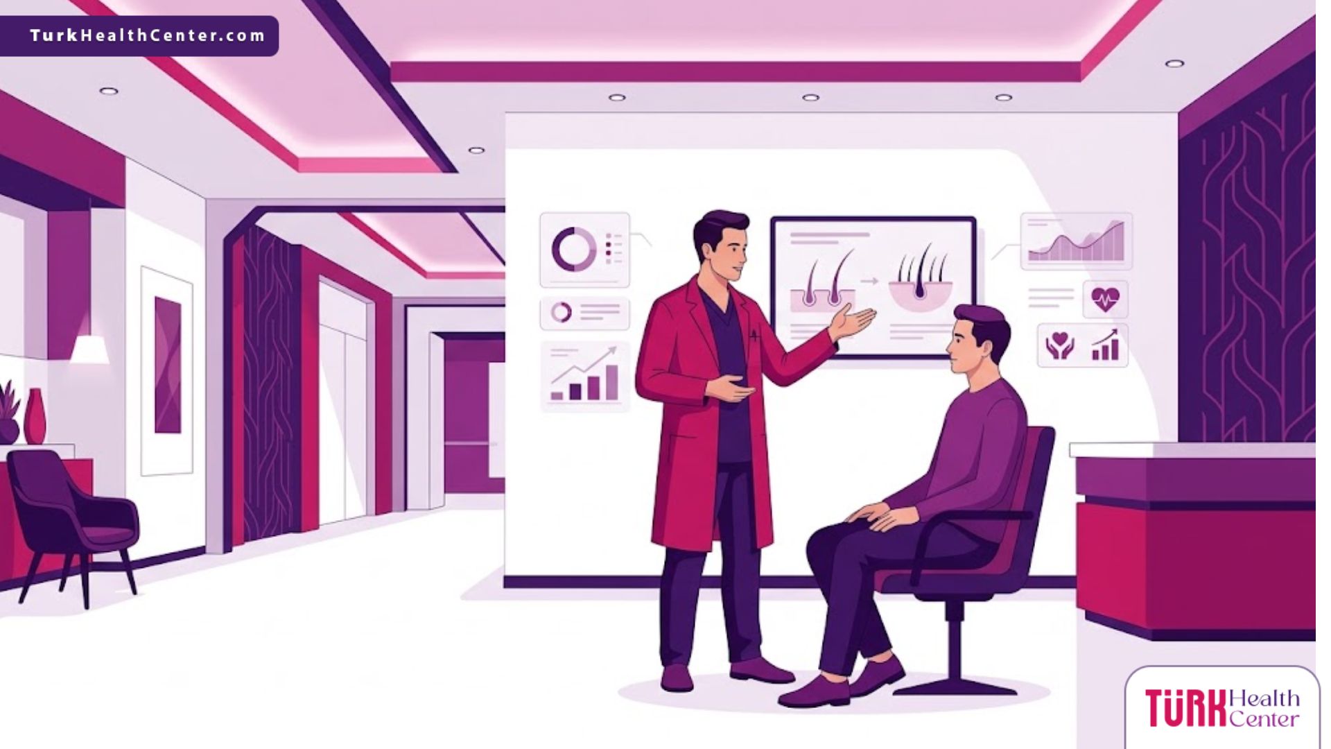 رسوم توضيحية لعيادة طبية حديثة تناقش موضوع زراعة الشعر حلال ام حرام مع طبيب مختص 