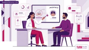 رسم توضيحي يظهر طبيب يشرح خطوات عملية زراعة الشعر في السعودية لمريض في عيادة فاخرة 