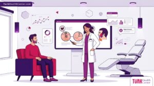 رسم توضيحي احترافي يظهر طبيباً يشرح خطوات زراعة الشعر في الوجه لمريض في عيادة فاخرة 