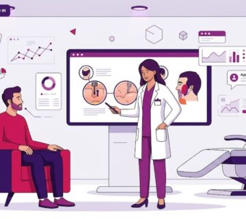 رسم توضيحي احترافي يظهر طبيباً يشرح خطوات زراعة الشعر في الوجه لمريض في عيادة فاخرة 