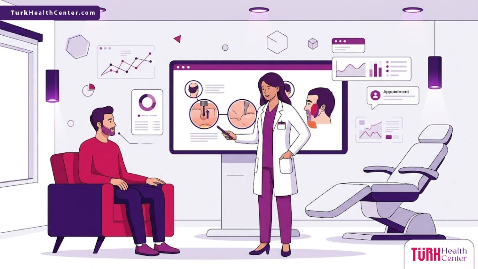 رسم توضيحي احترافي يظهر طبيباً يشرح خطوات زراعة الشعر في الوجه لمريض في عيادة فاخرة 