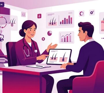 رسومات توضيحية لعيادة طبية فاخرة في إسطنبول توضح استشارة طبية حول زراعة الشعر في تركيا 