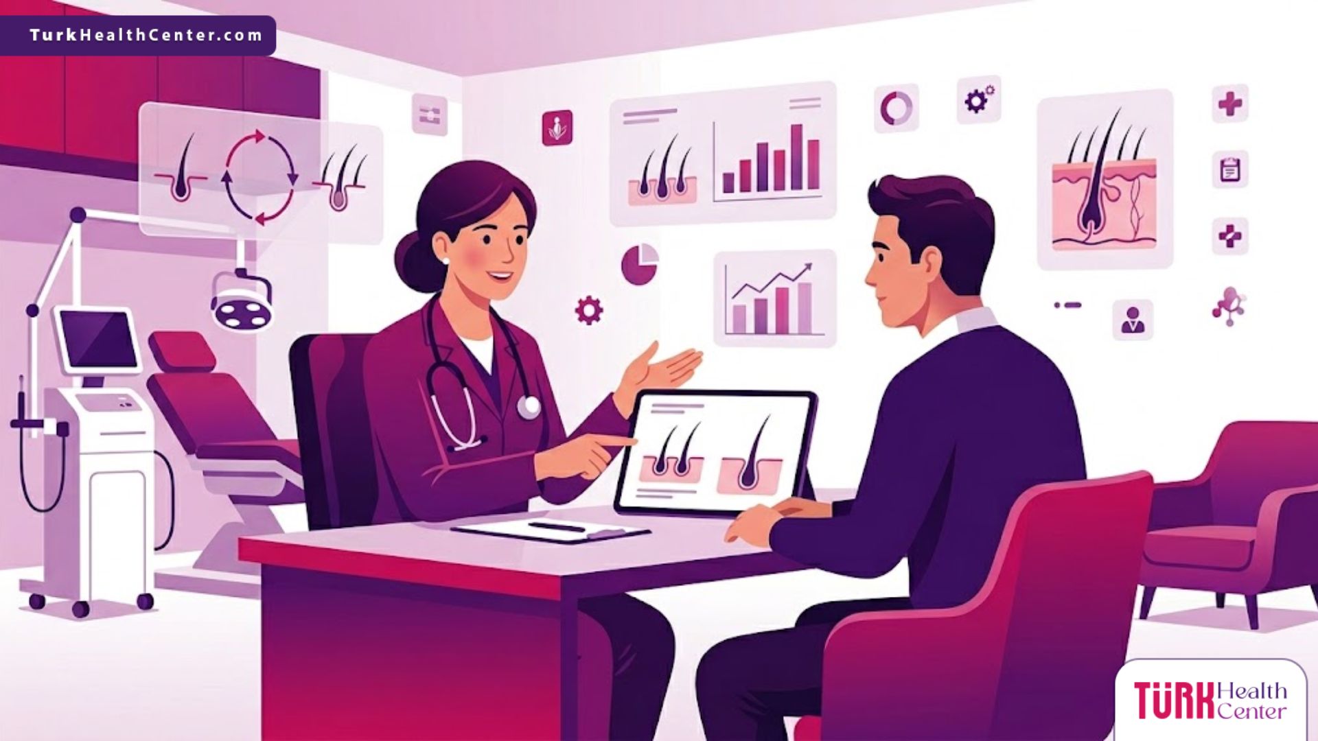 رسومات توضيحية لعيادة طبية فاخرة في إسطنبول توضح استشارة طبية حول زراعة الشعر في تركيا 