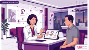 رسم توضيحي عصري يظهر طبيباً يشرح تفاصيل زراعة الشعر في تركيا بتقنية روبوت Choi لمريض داخل عيادة فاخرة بألوان أرجوانية احترافية 