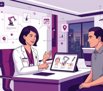 رسم توضيحي عصري يظهر طبيباً يشرح تفاصيل زراعة الشعر في تركيا بتقنية روبوت Choi لمريض داخل عيادة فاخرة بألوان أرجوانية احترافية 