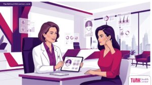 رسم توضيحي يظهر طبيب يشرح عملية زراعة الشعر في تركيا للنساء في عيادة فاخرة 