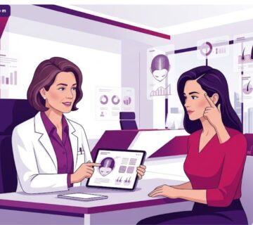 رسم توضيحي يظهر طبيب يشرح عملية زراعة الشعر في تركيا للنساء في عيادة فاخرة 