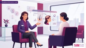 رسم توضيحي لطبيب يشرح تقنية زراعة الشعر بالاقتطاف FUE للنساء في عيادة فاخرة بألوان أرجوانية عصرية 