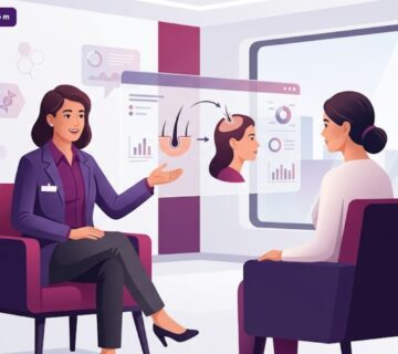 رسم توضيحي لطبيب يشرح تقنية زراعة الشعر بالاقتطاف FUE للنساء في عيادة فاخرة بألوان أرجوانية عصرية 