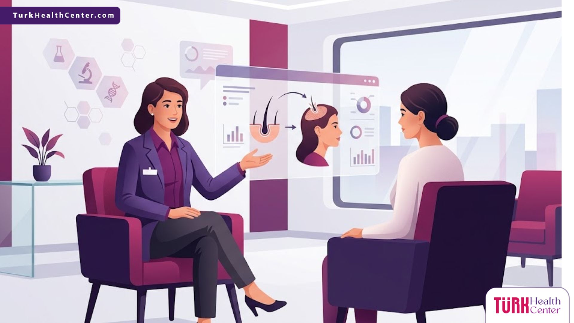 رسم توضيحي لطبيب يشرح تقنية زراعة الشعر بالاقتطاف FUE للنساء في عيادة فاخرة بألوان أرجوانية عصرية 