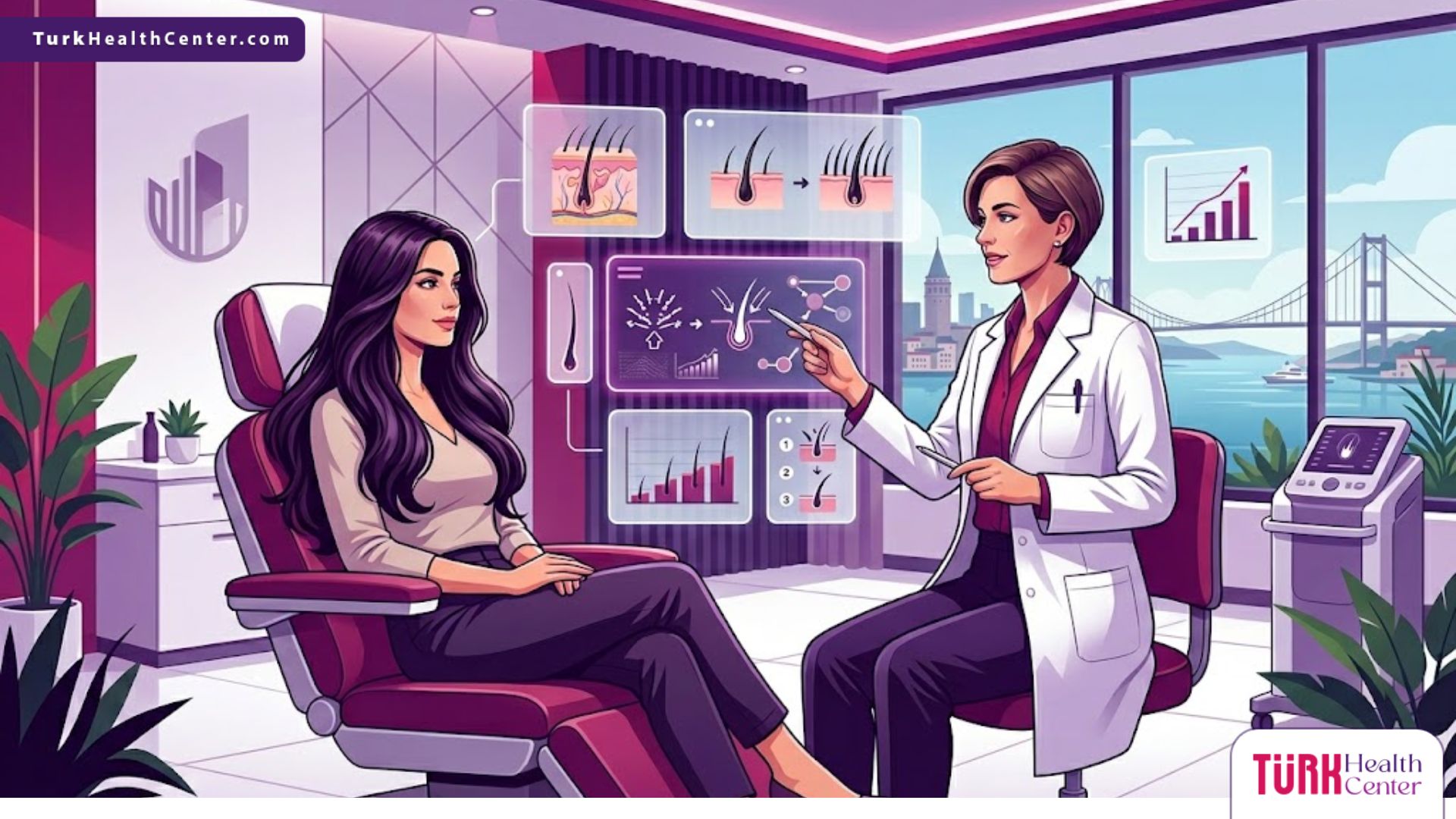 رسوم توضيحية لعيادة طبية حديثة تشرح عملية زراعة الشعر للسيدات في تركيا بدون حلاقة 