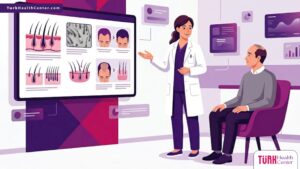 رسوم توضيحية لعيادة طبية فاخرة تشرح موضوع زراعة الشعر تقنيات و نتائج للمرضى 