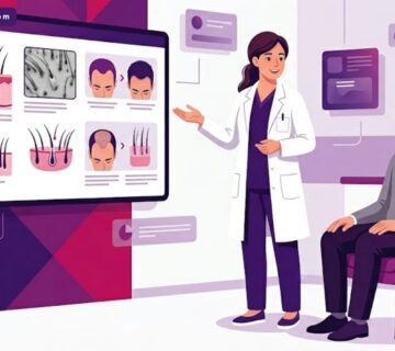 رسوم توضيحية لعيادة طبية فاخرة تشرح موضوع زراعة الشعر تقنيات و نتائج للمرضى 