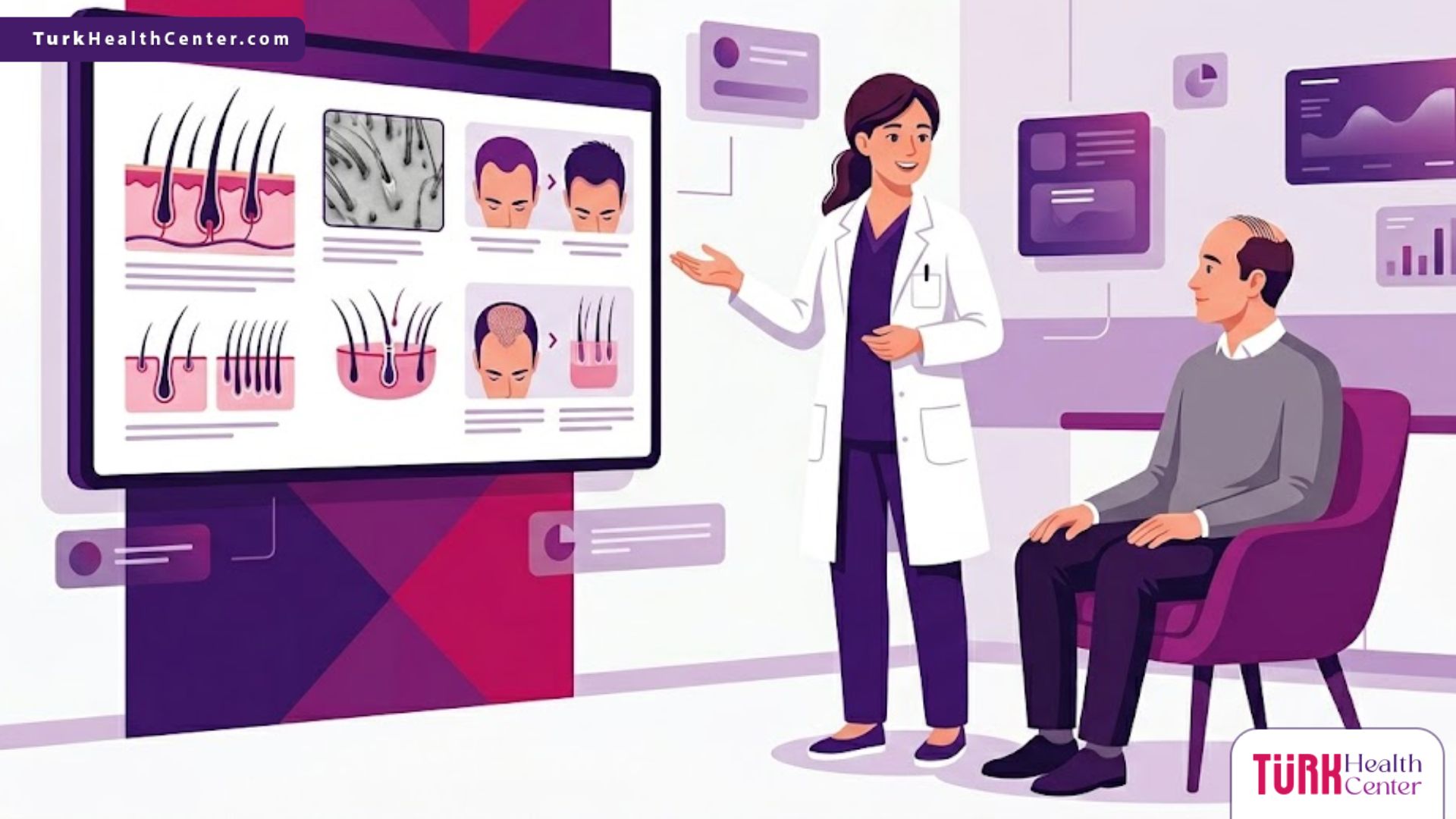 رسوم توضيحية لعيادة طبية فاخرة تشرح موضوع زراعة الشعر تقنيات و نتائج للمرضى 