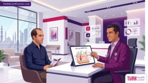 رسوم توضيحية فكتور لعيادة طبية حديثة تشرح خطوات زراعة الشعر في مصر للمرضى 