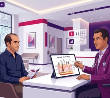 رسوم توضيحية فكتور لعيادة طبية حديثة تشرح خطوات زراعة الشعر في مصر للمرضى 