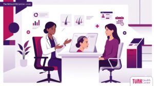 رسوم توضيحية لعيادة طبية حديثة تشرح عملية زراعة الشعر في مقدمة الرأس للنساء بألوان فاخرة 