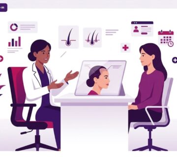 رسوم توضيحية لعيادة طبية حديثة تشرح عملية زراعة الشعر في مقدمة الرأس للنساء بألوان فاخرة 