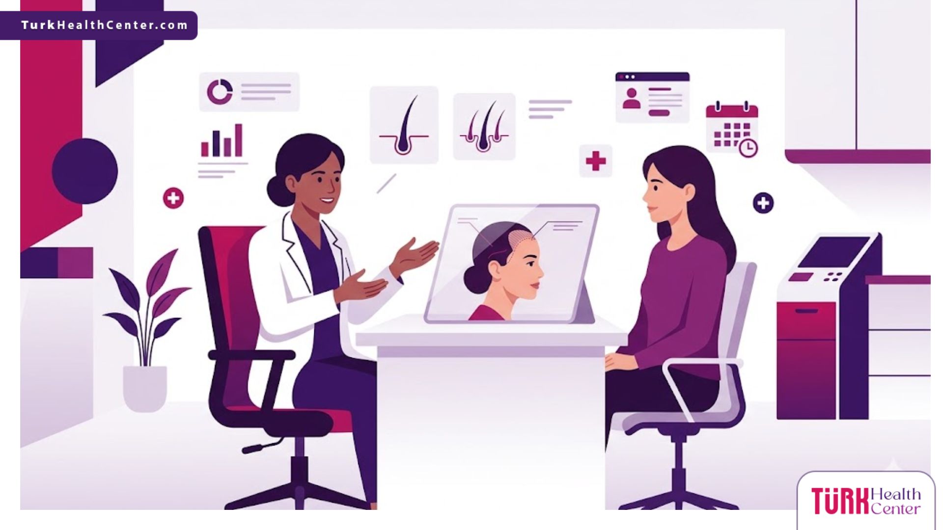 رسوم توضيحية لعيادة طبية حديثة تشرح عملية زراعة الشعر في مقدمة الرأس للنساء بألوان فاخرة 