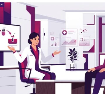 رسم توضيحي عصري يظهر طبيب يشرح خطوات زراعة الشعر في يوم واحد للمريض داخل عيادة فاخرة 