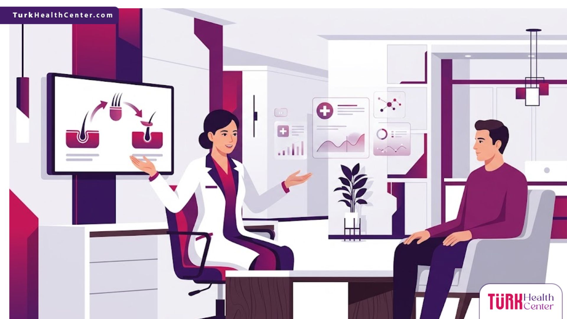 رسم توضيحي عصري يظهر طبيب يشرح خطوات زراعة الشعر في يوم واحد للمريض داخل عيادة فاخرة 