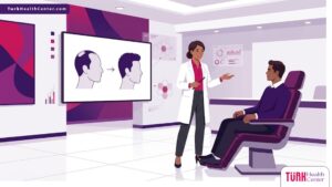 رسم توضيحي عصري لطبيب يشرح مراحل زراعة الشعر قبل وبعد لمريض في عيادة فاخرة 