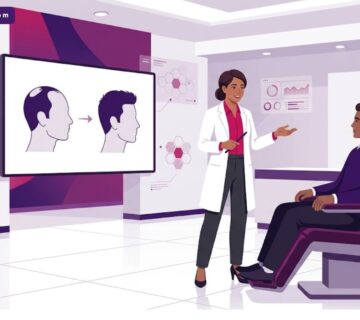 رسم توضيحي عصري لطبيب يشرح مراحل زراعة الشعر قبل وبعد لمريض في عيادة فاخرة 