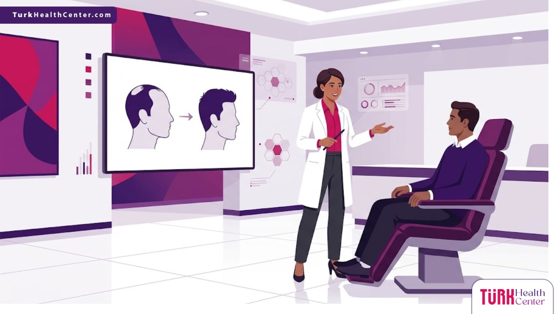 رسم توضيحي عصري لطبيب يشرح مراحل زراعة الشعر قبل وبعد لمريض في عيادة فاخرة 