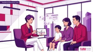 رسم توضيحي عصري يظهر طبيب يشرح عملية زراعة الشعر للاطفال داخل عيادة فاخرة بألوان أرجوانية احترافية 